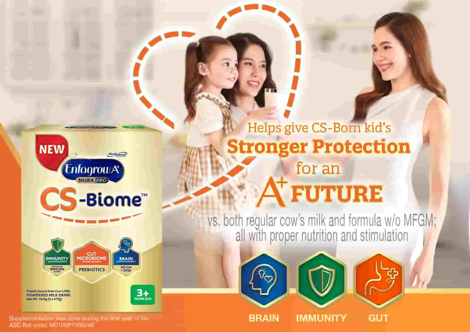 Enfagrow A+ CS-Biome 3+ milk box next to a smiling mother and daughter, highlighting stronger protection for brain, immunity, and gut.