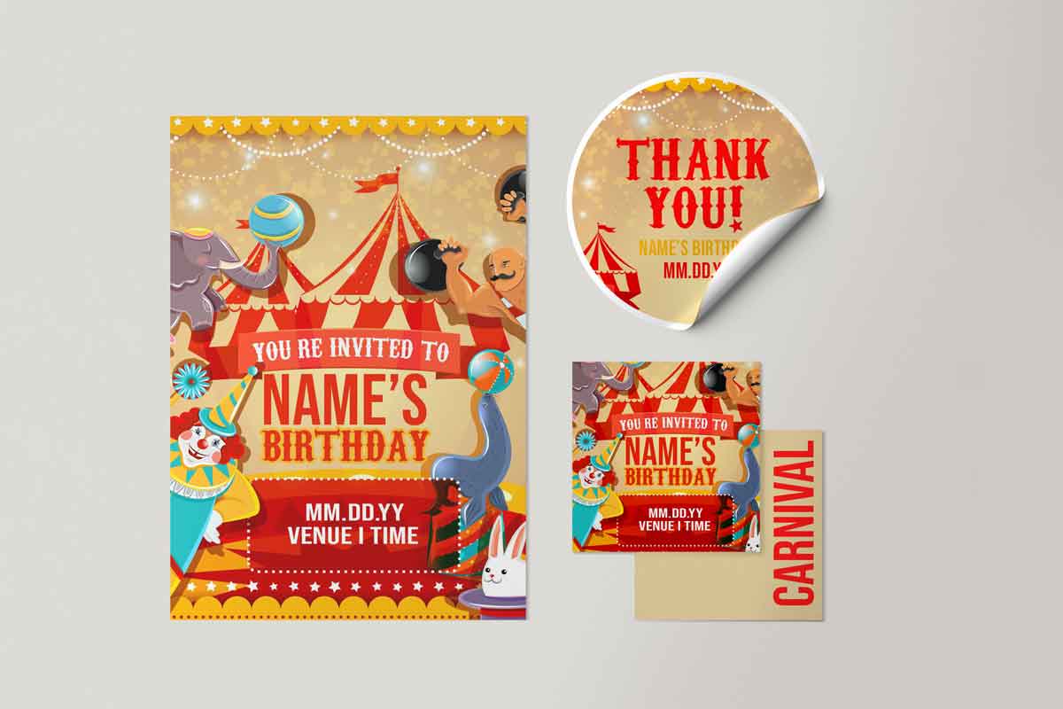 Circus 1st birthday invitation and souvenir template