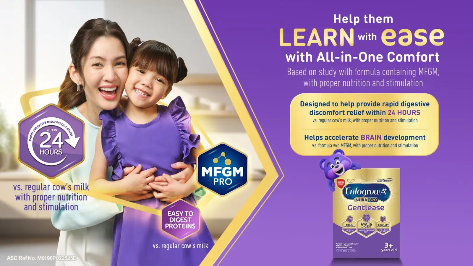 An Enfagrow Gentlease 3+ promotional image featuring a mother and daughter, highlighting the product's benefits for digestive relief and brain support in children.