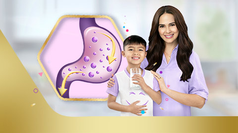 Mom and child drinking milk with illustration on digestion