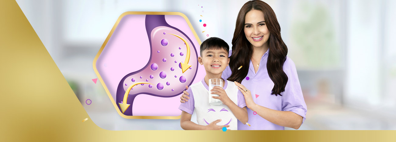 Mom and child drinking milk with illustration on digestion