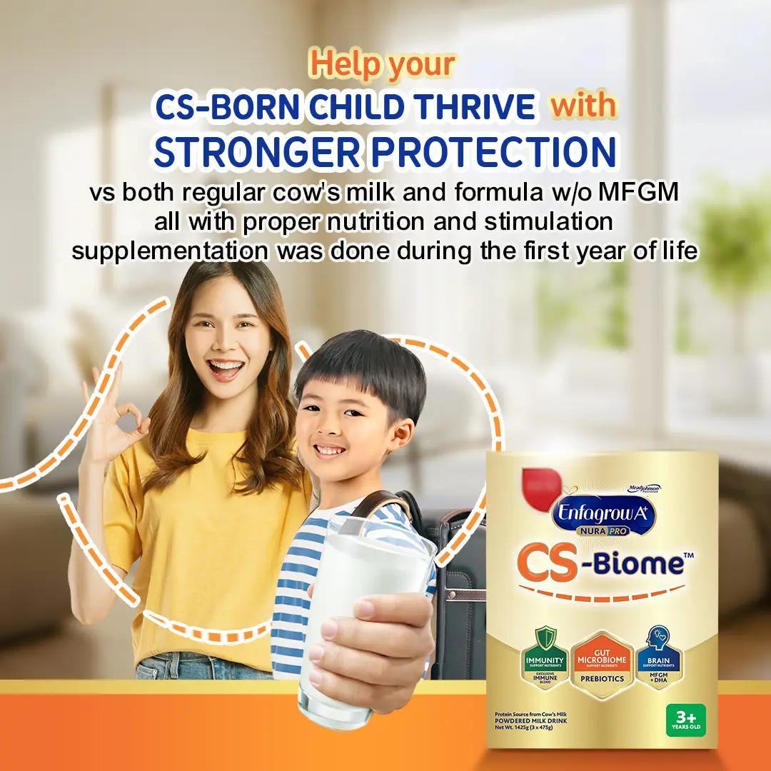 KV Happy mother and child with milk, Enfagrow CS-Biome canister showing stronger protection for immunity, gut, and brain development