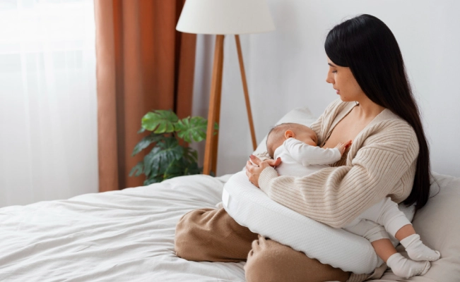 Full shot of mother holding newborn baby on bed.