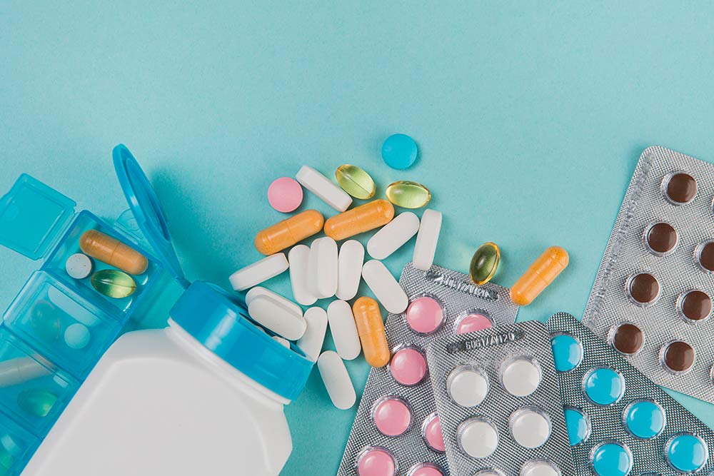 top view variety medicine tablets